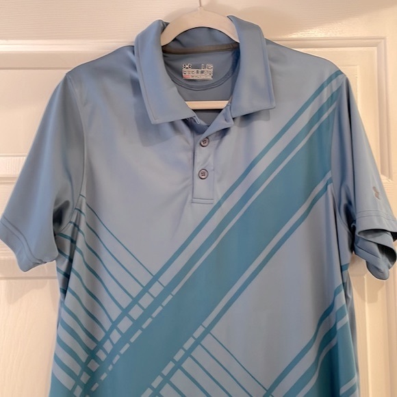⭐️SOLD- Men’s Under Armour Blue Striped Regular Heatgear Polo - size Large - Picture 2 of 12